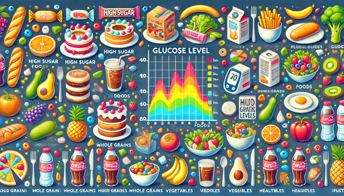 케이크, 사탕과 같은 고당분 음식과 통곡물, 채소, 과일과 같은 건강한 음식이 포함되어 있습니다. 혈당 수치 그래프는 불건강한 음식으로 인한 급격한 상승과 건강한 음식으로 인한 안정된 수치를 나타냅니다. 