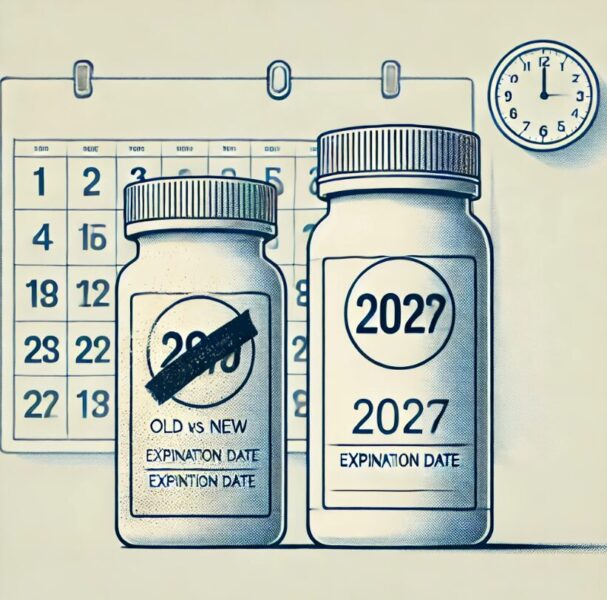 유통기한이 지워지거나 교차 표시된 약병과 유통기한이 명확하게 표시된 새로운 약병이 나란히 있는 일러스트. 배경은 간단하고 깔끔하며, 시간의 흐름을 나타내는 달력이나 시계와 같은 섬세한 요소가 포함되어 있습니다. 이 이미지는 오래된 약과 새로운 약을 비교하고 유통기한 확인의 중요성을 시각적으로 전달합니다.