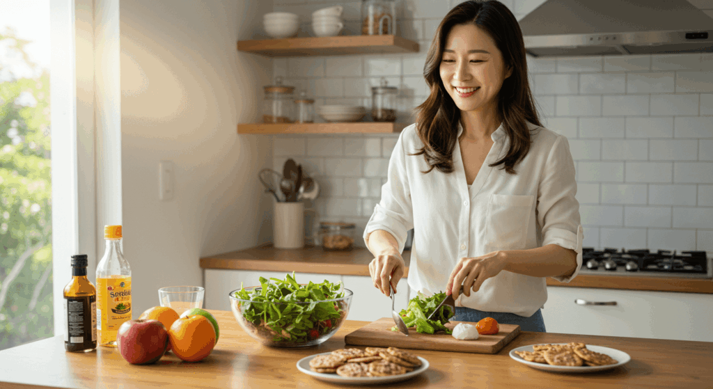 즐거운 건강 관리를 시작적으로 표현합니다. 식탁에서 음식을 먹으며 웃고 있는 여성